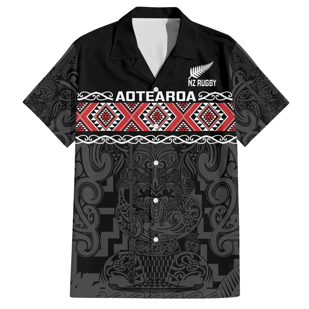 Custom New Zealand Silver Fern Rugby Family Matching Off The Shoulder Long Sleeve Dress and Hawaiian Shirt All Black Maori Taniko Pattern LT14 Dad's Shirt - Short Sleeve Black - Polynesian Pride