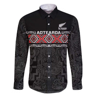 Custom New Zealand Silver Fern Rugby Family Matching Off The Shoulder Long Sleeve Dress and Hawaiian Shirt All Black Maori Taniko Pattern LT14 Dad's Shirt - Long Sleeve Black - Polynesian Pride