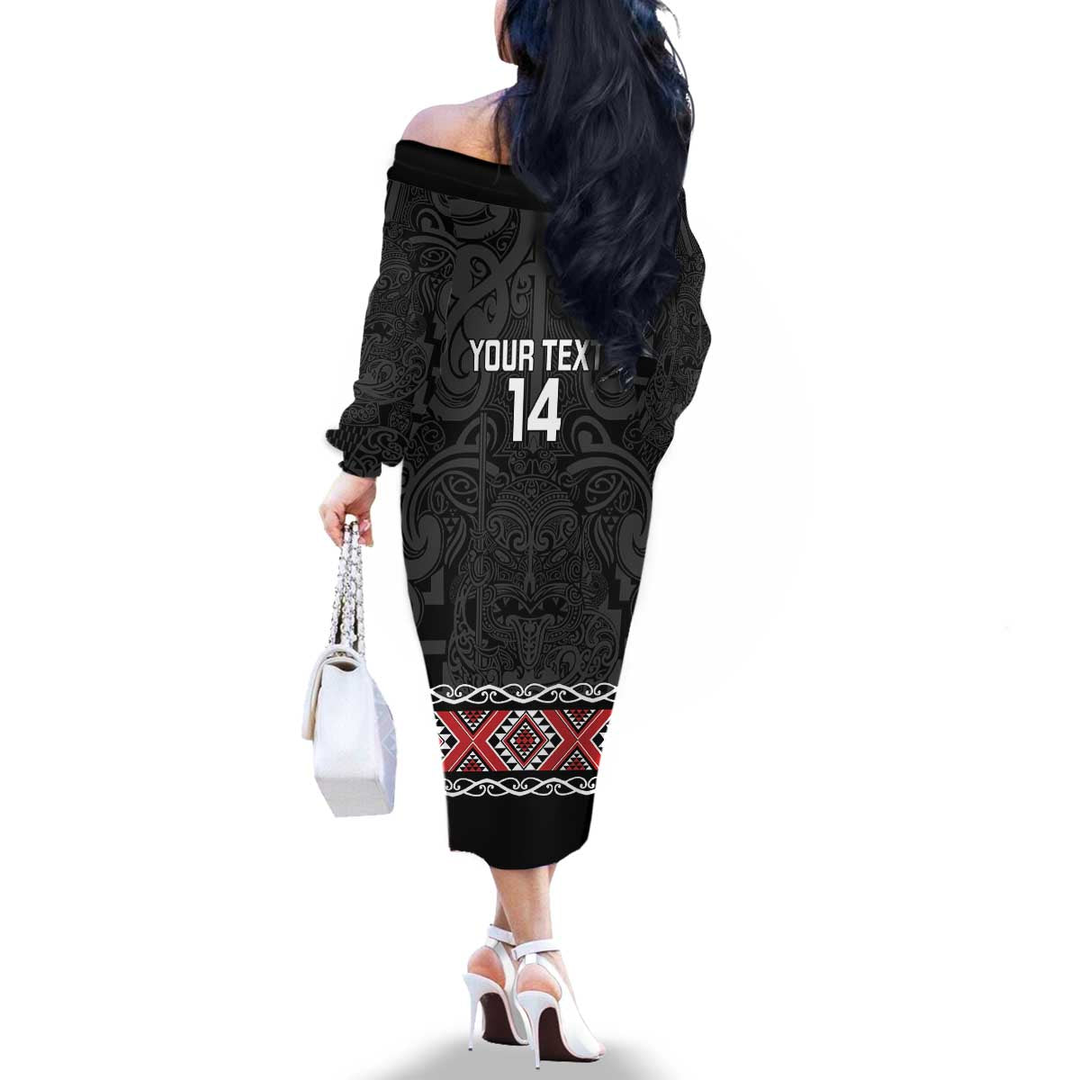 Custom New Zealand Silver Fern Rugby Family Matching Off The Shoulder Long Sleeve Dress and Hawaiian Shirt All Black Maori Taniko Pattern LT14 - Polynesian Pride