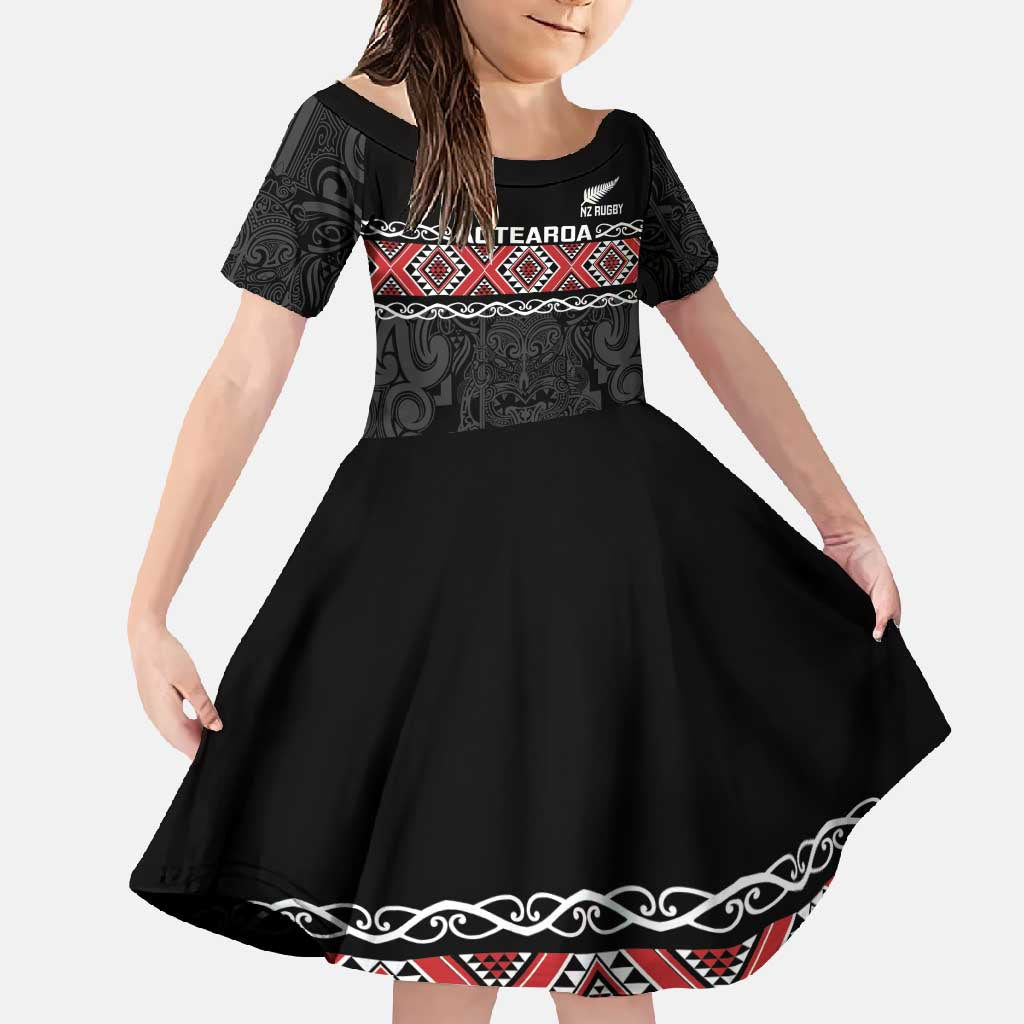 Custom New Zealand Silver Fern Rugby Family Matching Off Shoulder Maxi Dress and Hawaiian Shirt All Black Maori Taniko Pattern LT14 Daughter's Dress Black - Polynesian Pride