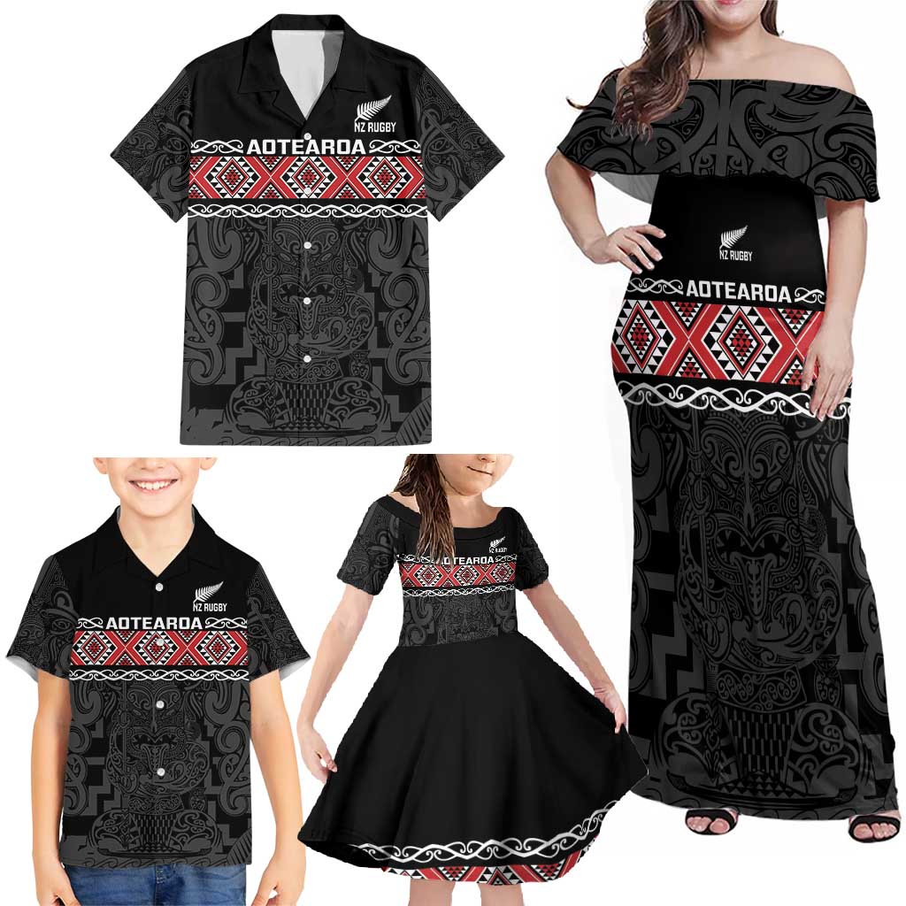 Custom New Zealand Silver Fern Rugby Family Matching Off Shoulder Maxi Dress and Hawaiian Shirt All Black Maori Taniko Pattern LT14 - Polynesian Pride