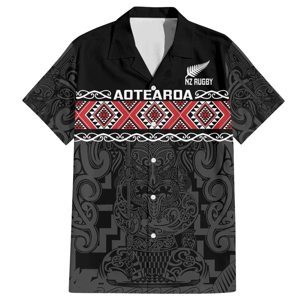 Custom New Zealand Silver Fern Rugby Family Matching Off Shoulder Maxi Dress and Hawaiian Shirt All Black Maori Taniko Pattern LT14 Dad's Shirt - Short Sleeve Black - Polynesian Pride