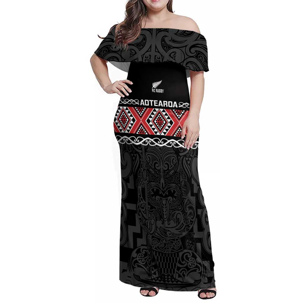 Custom New Zealand Silver Fern Rugby Family Matching Off Shoulder Maxi Dress and Hawaiian Shirt All Black Maori Taniko Pattern LT14 Mom's Dress Black - Polynesian Pride