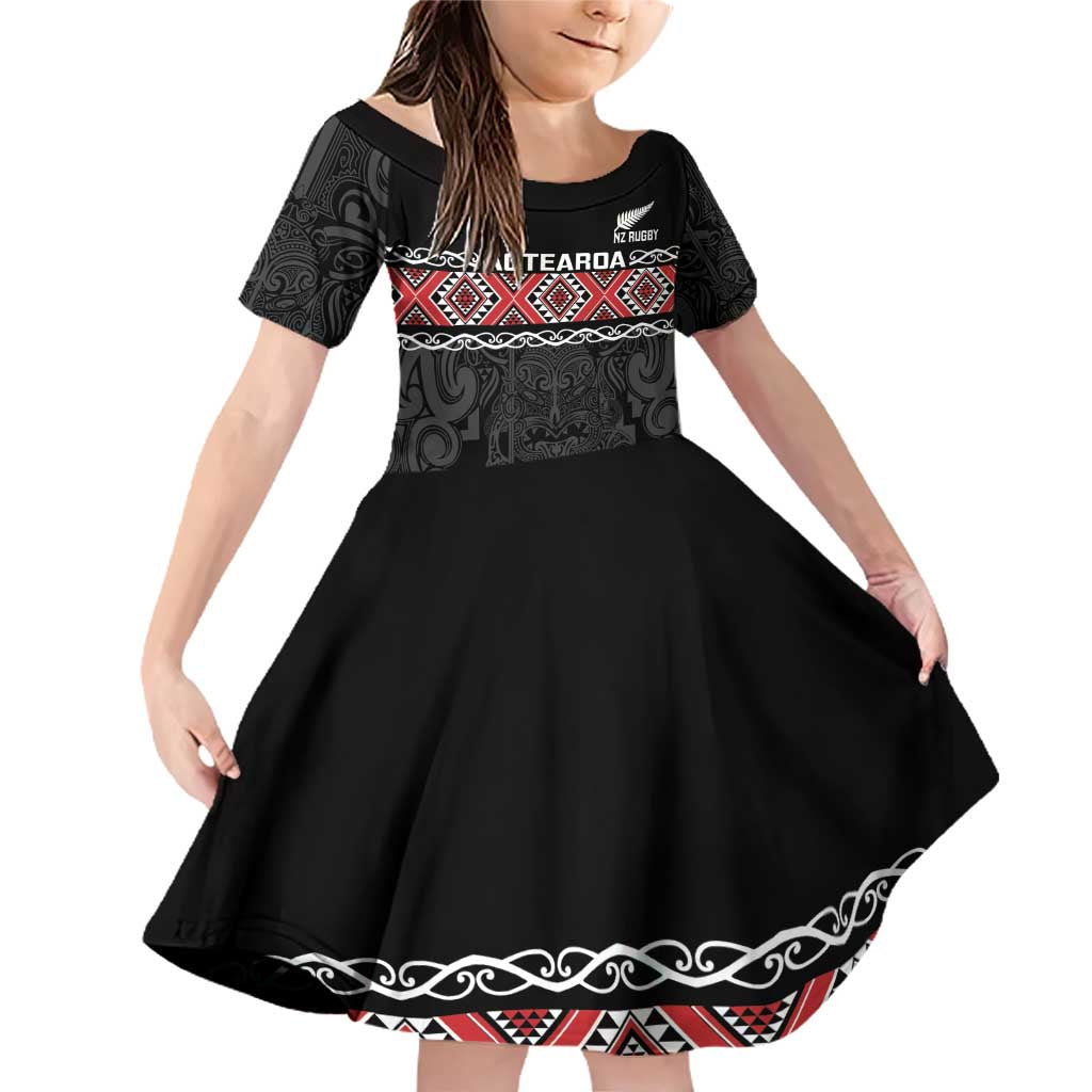 Custom New Zealand Silver Fern Rugby Family Matching Off Shoulder Short Dress and Hawaiian Shirt All Black Maori Taniko Pattern LT14 Daughter's Dress Black - Polynesian Pride