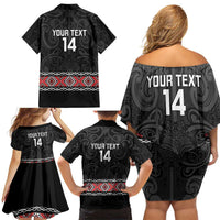 Custom New Zealand Silver Fern Rugby Family Matching Off Shoulder Short Dress and Hawaiian Shirt All Black Maori Taniko Pattern LT14 - Polynesian Pride