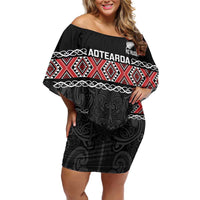 Custom New Zealand Silver Fern Rugby Family Matching Off Shoulder Short Dress and Hawaiian Shirt All Black Maori Taniko Pattern LT14 Mom's Dress Black - Polynesian Pride