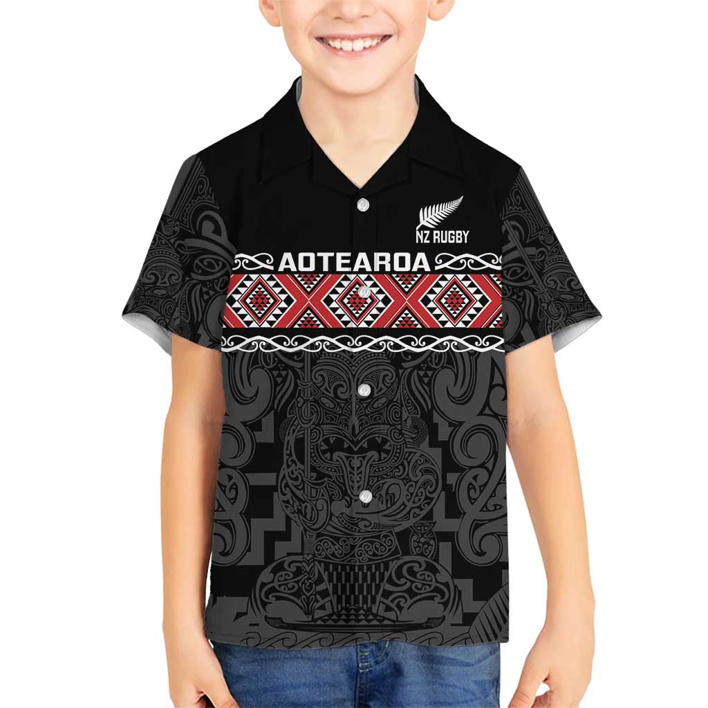 Custom New Zealand Silver Fern Rugby Family Matching Off Shoulder Short Dress and Hawaiian Shirt All Black Maori Taniko Pattern LT14 Son's Shirt Black - Polynesian Pride