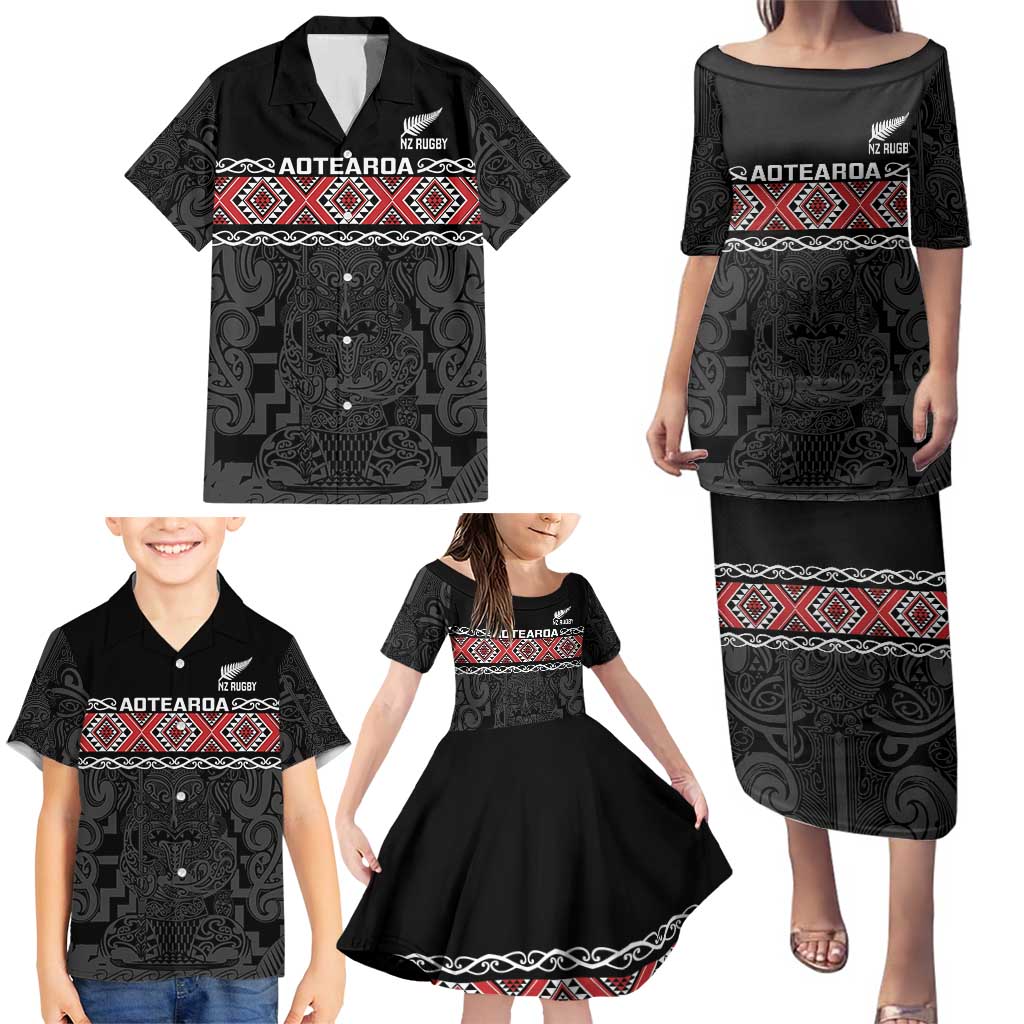Custom New Zealand Silver Fern Rugby Family Matching Puletasi and Hawaiian Shirt All Black Maori Taniko Pattern LT14 - Polynesian Pride