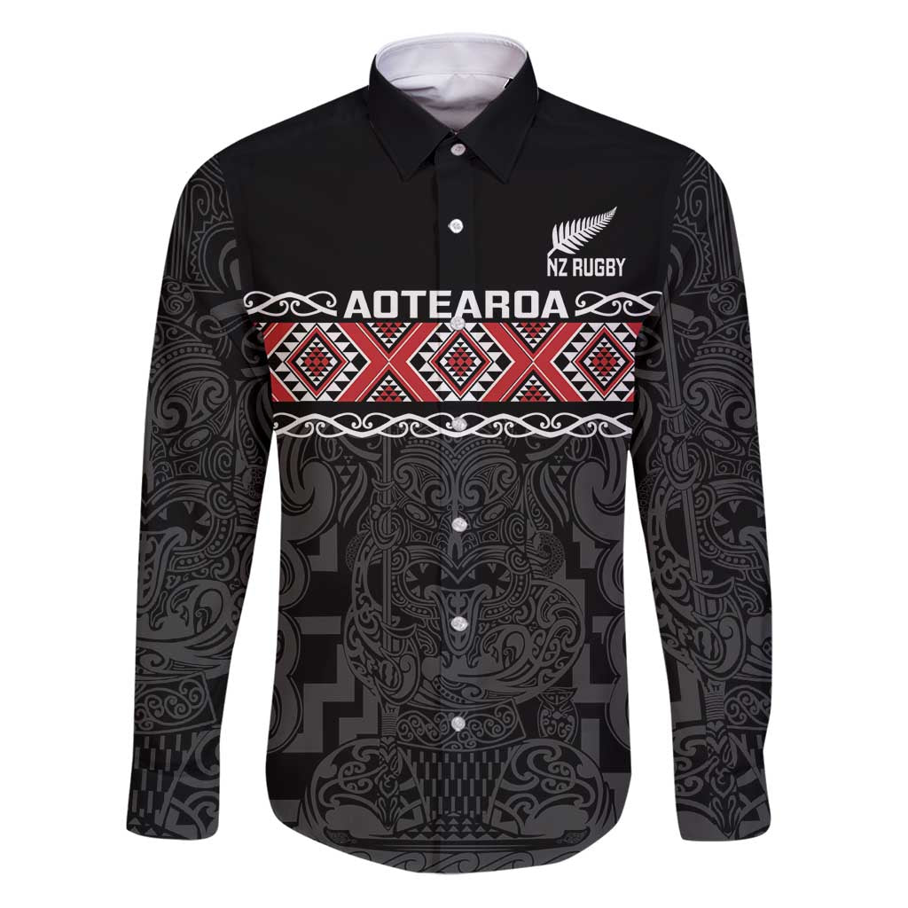 Custom New Zealand Silver Fern Rugby Family Matching Puletasi and Hawaiian Shirt All Black Maori Taniko Pattern LT14 Dad's Shirt - Long Sleeve Black - Polynesian Pride