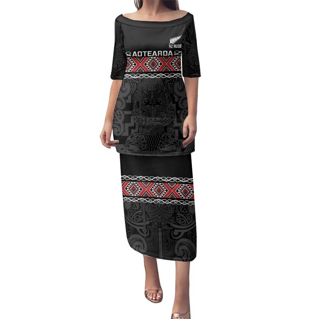 Custom New Zealand Silver Fern Rugby Family Matching Puletasi and Hawaiian Shirt All Black Maori Taniko Pattern LT14 Mom's Dress Black - Polynesian Pride