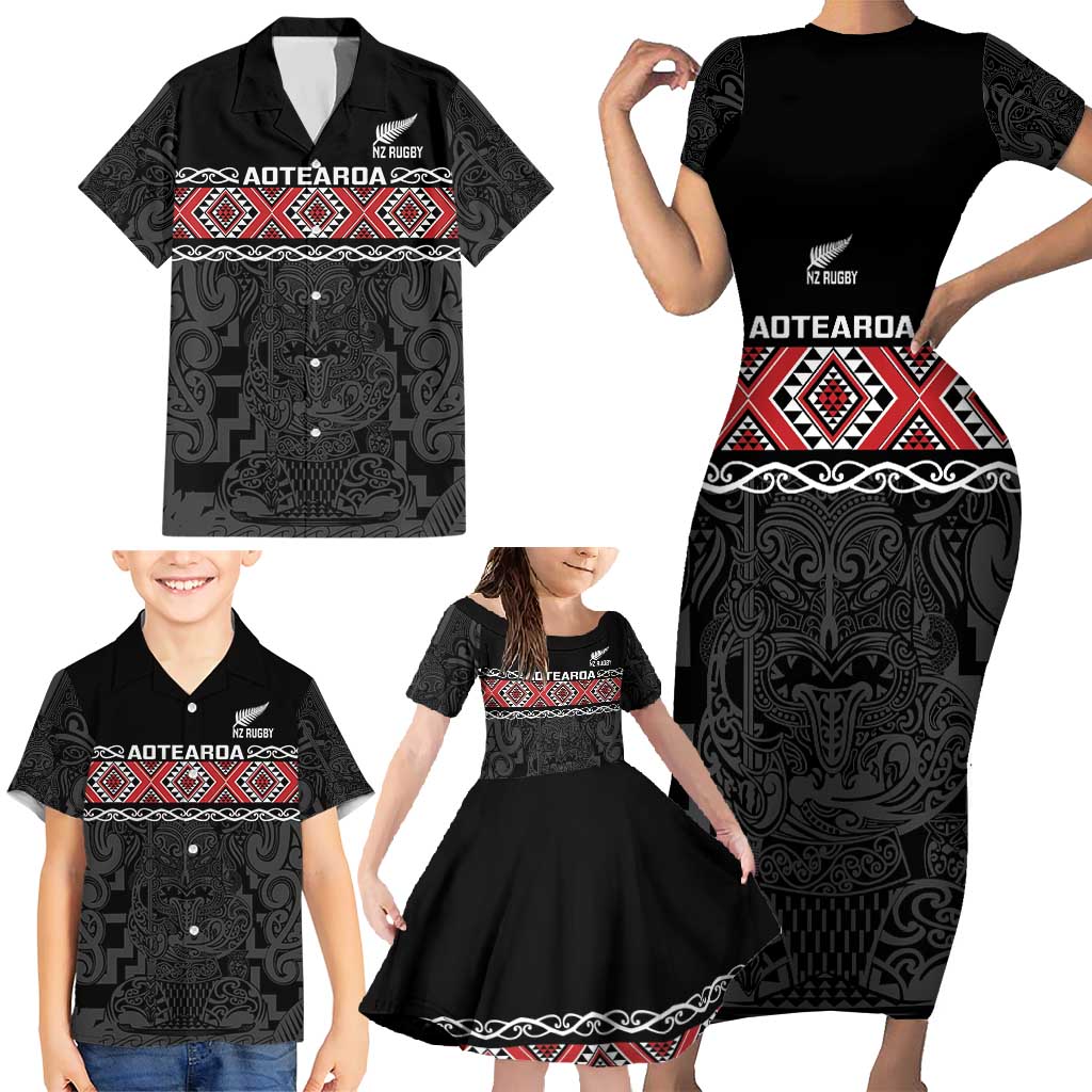 Custom New Zealand Silver Fern Rugby Family Matching Short Sleeve Bodycon Dress and Hawaiian Shirt All Black Maori Taniko Pattern LT14 - Polynesian Pride