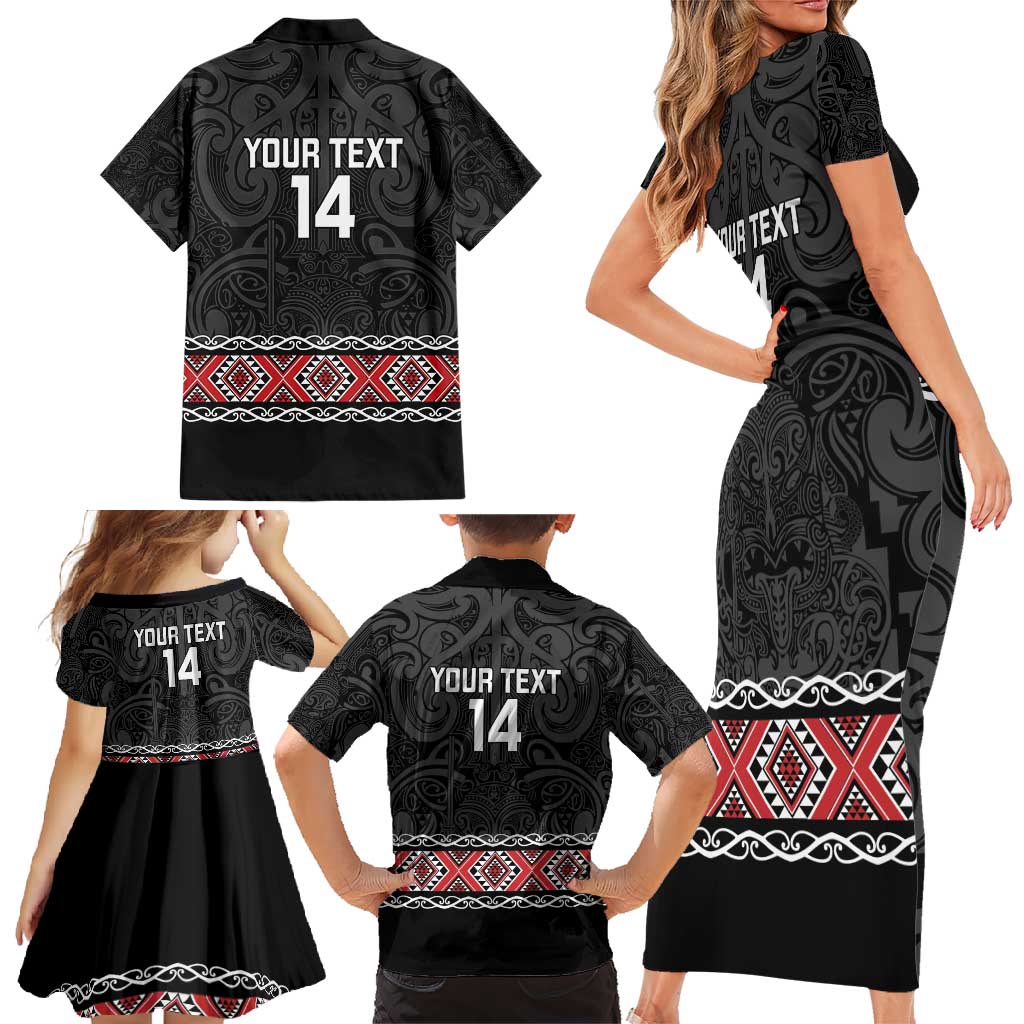 Custom New Zealand Silver Fern Rugby Family Matching Short Sleeve Bodycon Dress and Hawaiian Shirt All Black Maori Taniko Pattern LT14 - Polynesian Pride