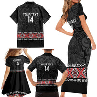 Custom New Zealand Silver Fern Rugby Family Matching Short Sleeve Bodycon Dress and Hawaiian Shirt All Black Maori Taniko Pattern LT14 - Polynesian Pride