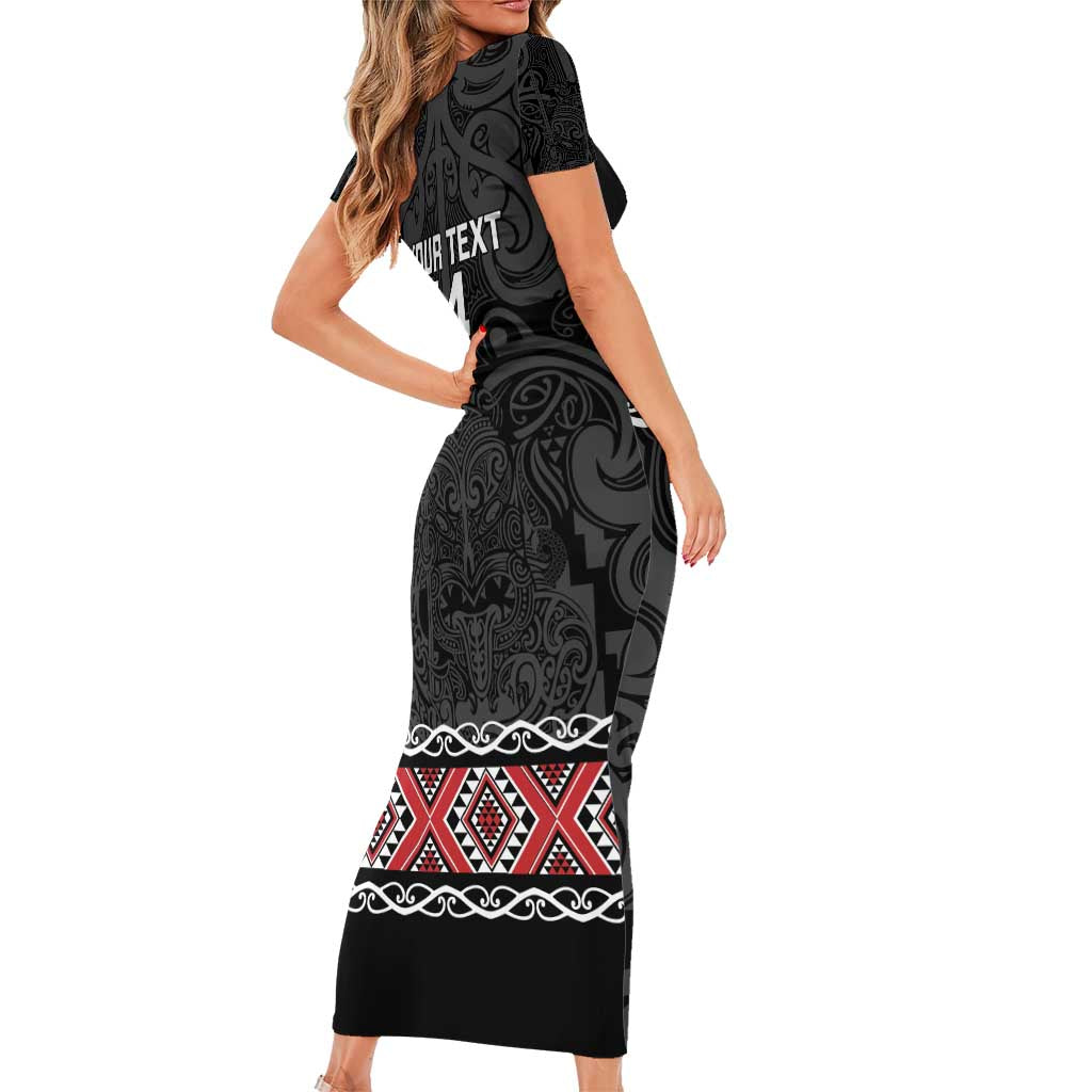 Custom New Zealand Silver Fern Rugby Family Matching Short Sleeve Bodycon Dress and Hawaiian Shirt All Black Maori Taniko Pattern LT14 - Polynesian Pride