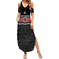 Custom New Zealand Silver Fern Rugby Family Matching Summer Maxi Dress and Hawaiian Shirt All Black Maori Taniko Pattern LT14 Mom's Dress Black - Polynesian Pride