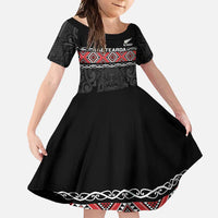 Custom New Zealand Silver Fern Rugby Family Matching Tank Maxi Dress and Hawaiian Shirt All Black Maori Taniko Pattern LT14 Daughter's Dress Black - Polynesian Pride