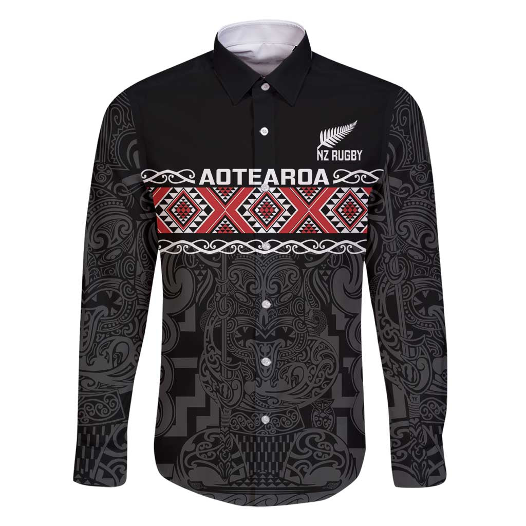 Custom New Zealand Silver Fern Rugby Family Matching Tank Maxi Dress and Hawaiian Shirt All Black Maori Taniko Pattern LT14 Dad's Shirt - Long Sleeve Black - Polynesian Pride