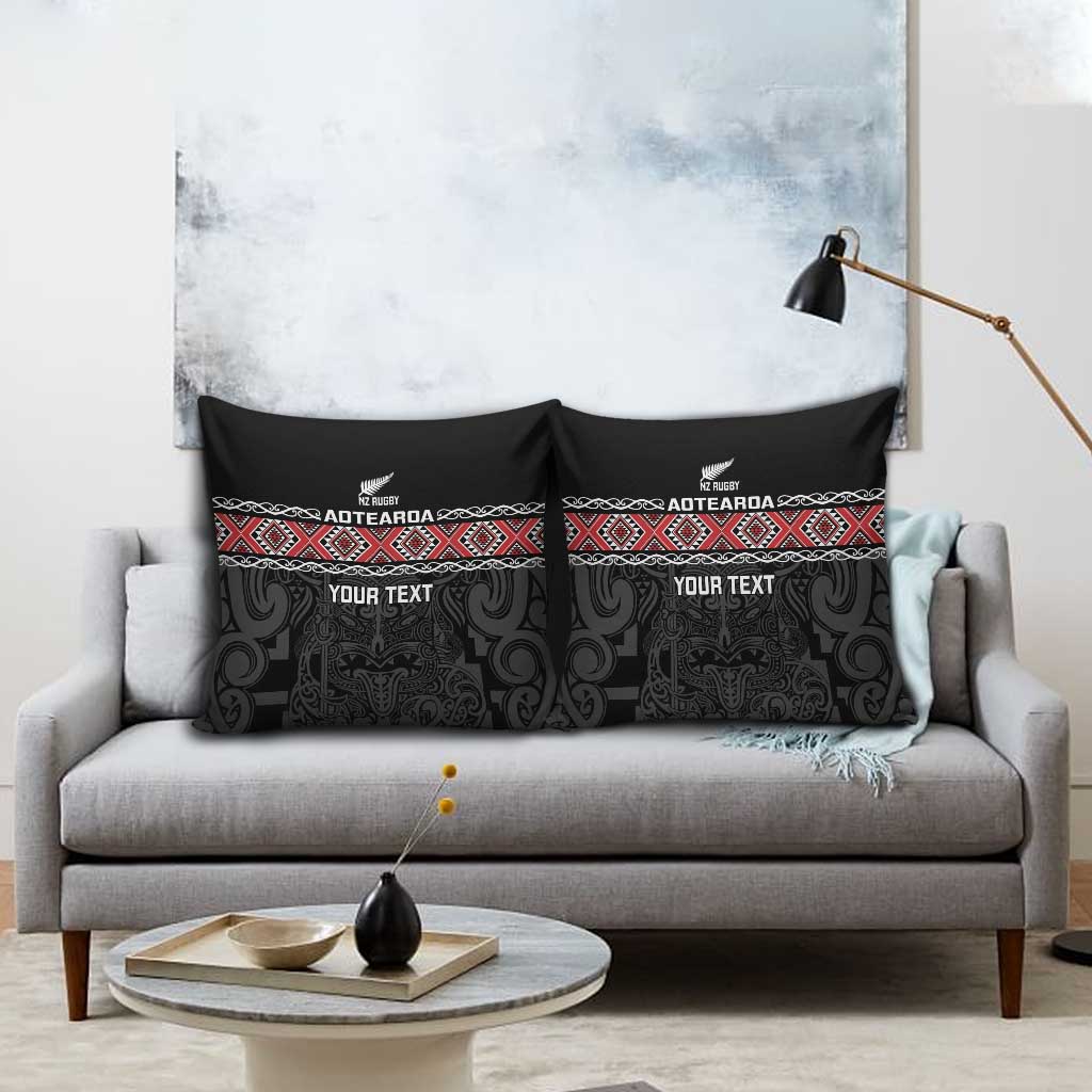 Custom New Zealand Silver Fern Rugby Pillow Cover All Black Maori Taniko Pattern - Polynesian Pride