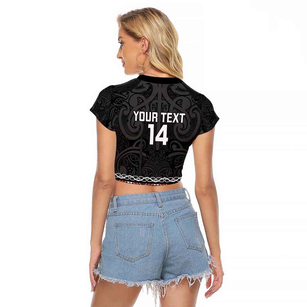 Custom New Zealand Silver Fern Rugby Raglan Cropped T Shirt All Black Maori Taniko Pattern