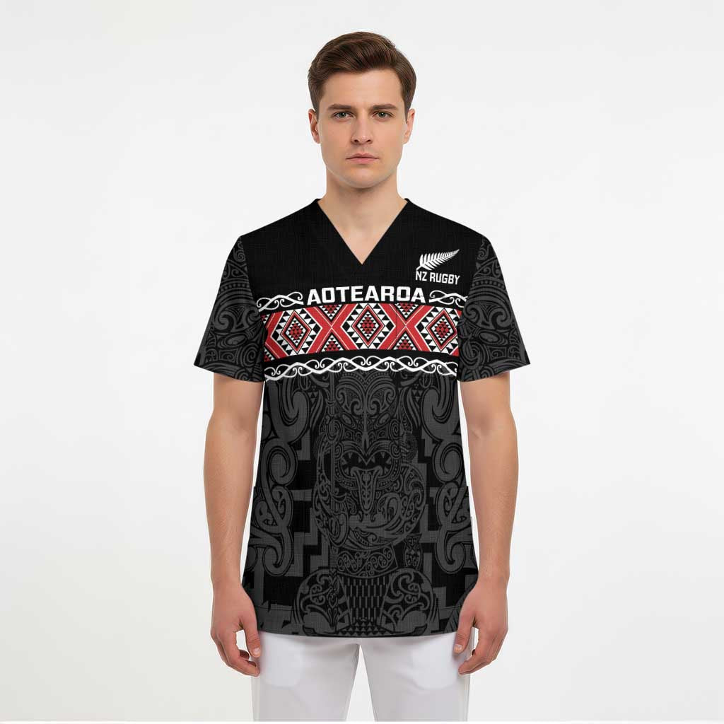 Custom New Zealand Silver Fern Rugby Scrub Top All Black Maori Taniko Pattern - Polynesian Pride