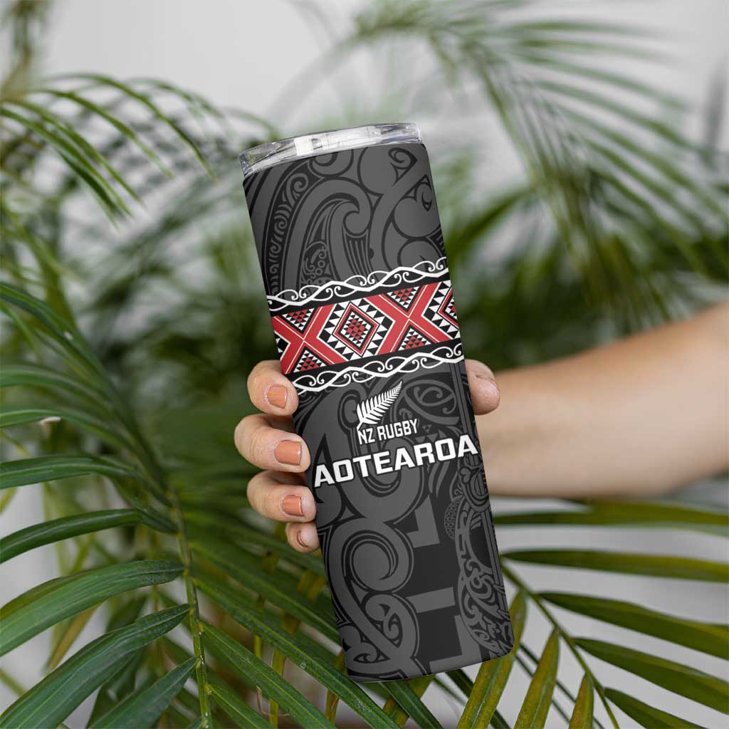 Custom New Zealand Silver Fern Rugby Skinny Tumbler All Black Maori Taniko Pattern