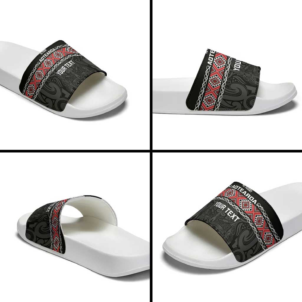 Custom New Zealand Silver Fern Rugby Slide Sandals All Black Maori Taniko Pattern - Polynesian Pride
