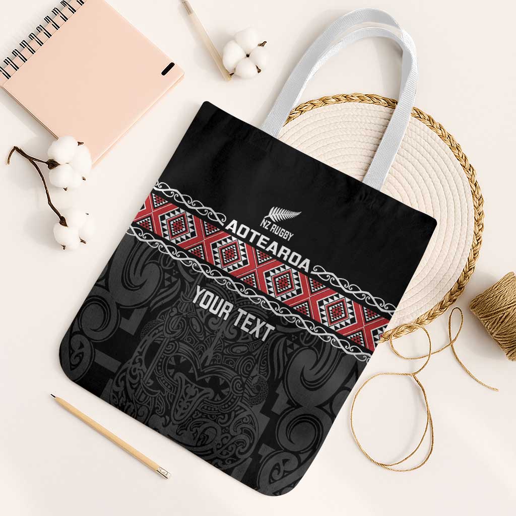 Custom New Zealand Silver Fern Rugby Tote Bag All Black Maori Taniko Pattern - Polynesian Pride