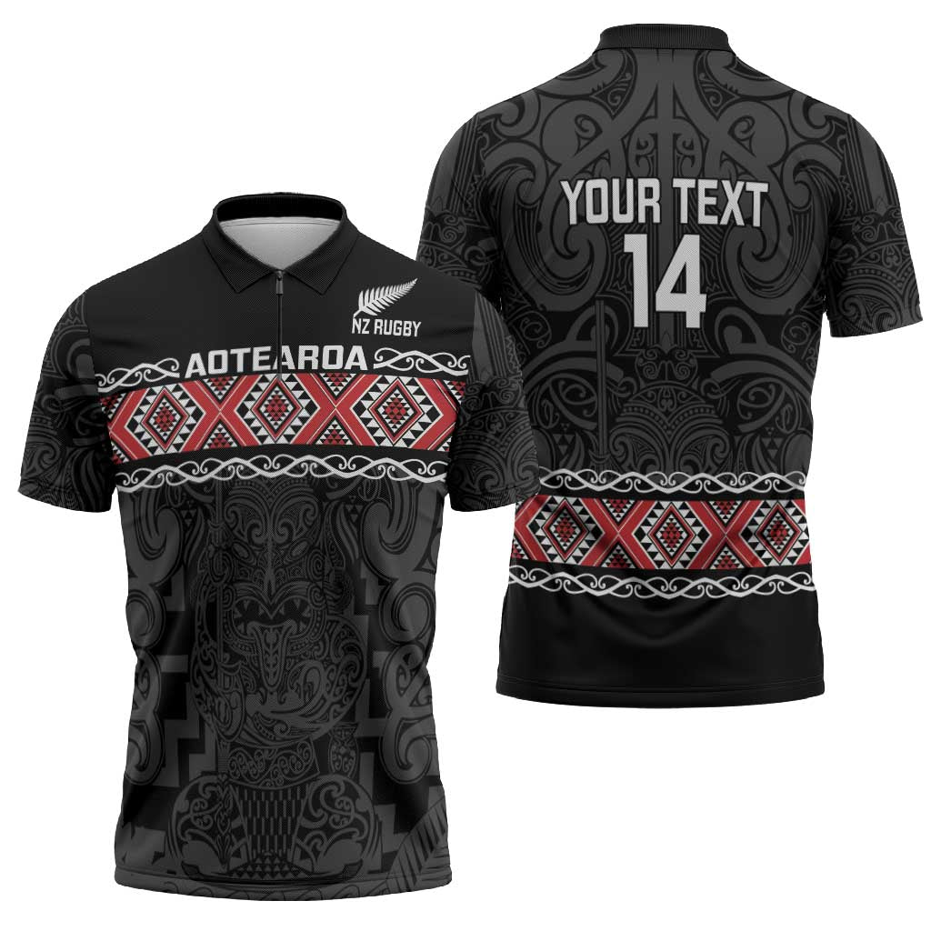 Custom New Zealand Silver Fern Rugby Zipper Polo Shirt All Black Maori Taniko Pattern - Polynesian Pride