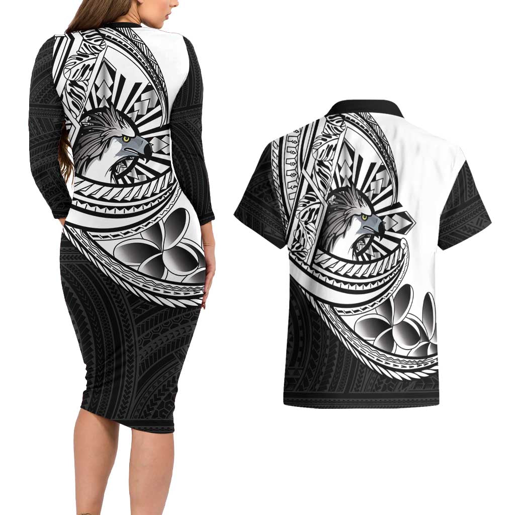 Philippines Eagle Sun Couples Matching Long Sleeve Bodycon Dress and Hawaiian Shirt Filipino Agila Polynesian Tattoo Black Color LT14 - Polynesian Pride
