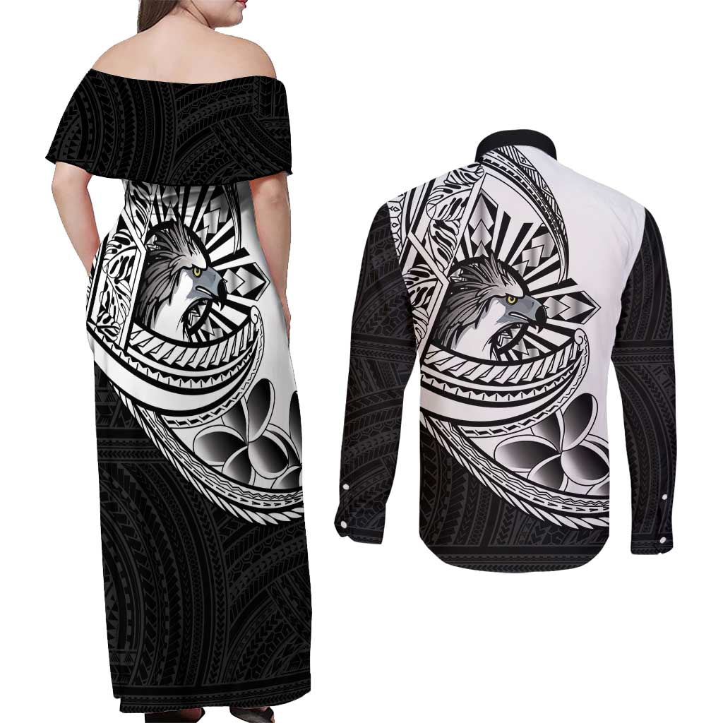 Philippines Eagle Sun Couples Matching Off Shoulder Maxi Dress and Long Sleeve Button Shirt Filipino Agila Polynesian Tattoo Black Color