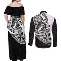 Philippines Eagle Sun Couples Matching Off Shoulder Maxi Dress and Long Sleeve Button Shirt Filipino Agila Polynesian Tattoo Black Color