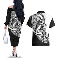 Philippines Eagle Sun Couples Matching Off The Shoulder Long Sleeve Dress and Hawaiian Shirt Filipino Agila Polynesian Tattoo Black Color LT14 - Polynesian Pride