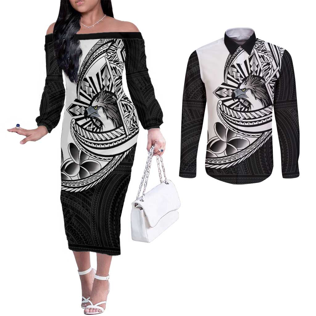 Philippines Eagle Sun Couples Matching Off The Shoulder Long Sleeve Dress and Long Sleeve Button Shirt Filipino Agila Polynesian Tattoo Black Color