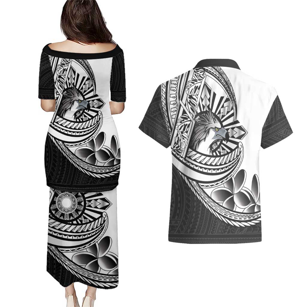 Philippines Eagle Sun Couples Matching Puletasi and Hawaiian Shirt Filipino Agila Polynesian Tattoo Black Color