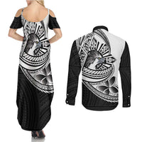 Philippines Eagle Sun Couples Matching Summer Maxi Dress and Long Sleeve Button Shirt Filipino Agila Polynesian Tattoo Black Color
