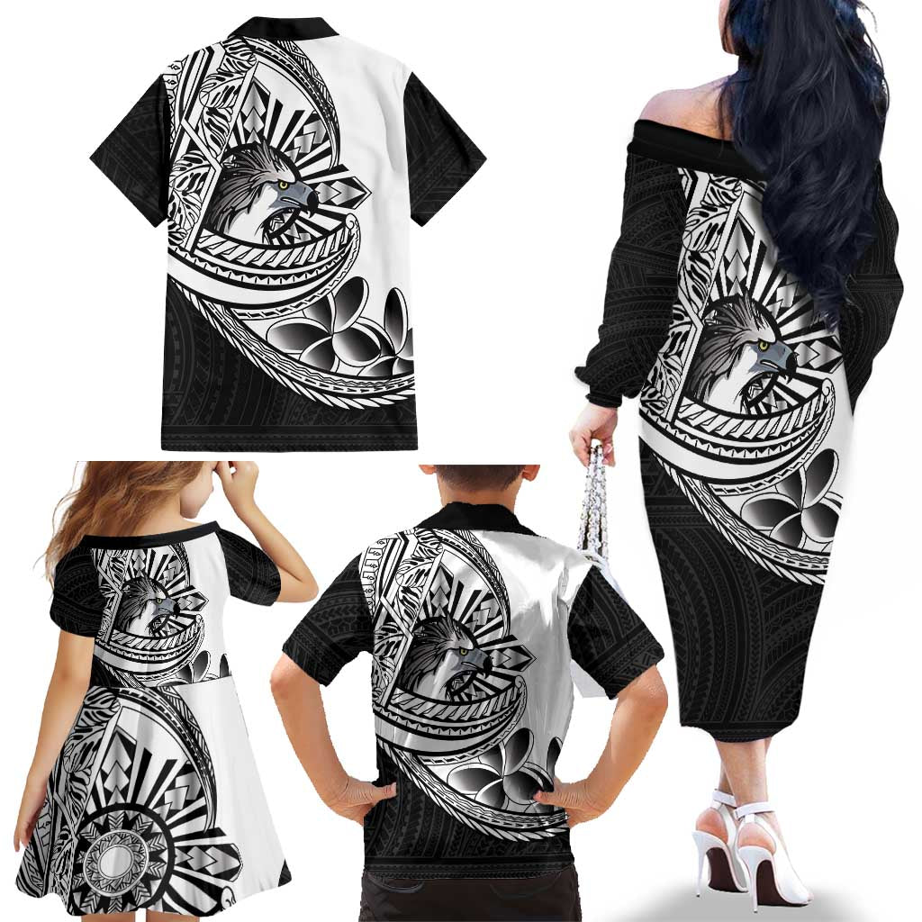 Philippines Eagle Sun Family Matching Off The Shoulder Long Sleeve Dress and Hawaiian Shirt Filipino Agila Polynesian Tattoo Black Color LT14 - Polynesian Pride