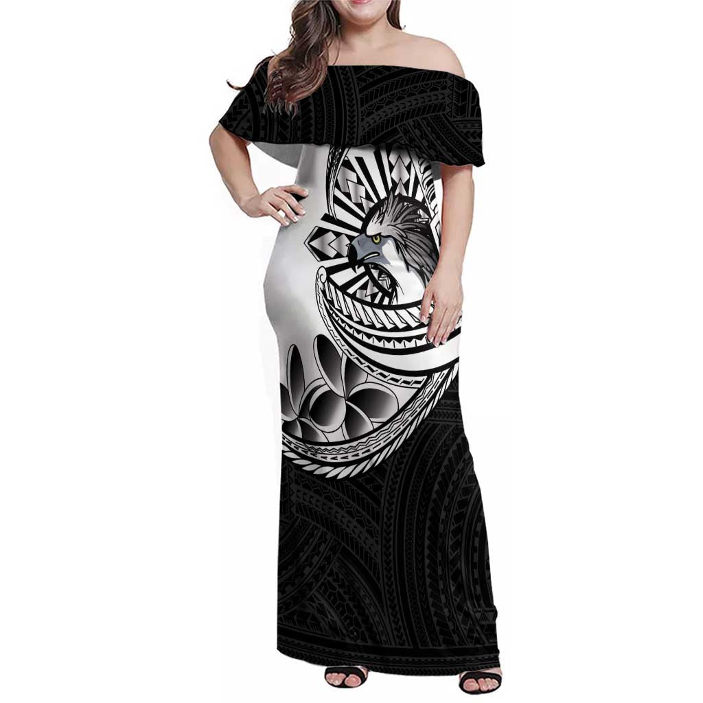 Philippines Eagle Sun Family Matching Off Shoulder Maxi Dress and Hawaiian Shirt Filipino Agila Polynesian Tattoo Black Color LT14 Mom's Dress Black - Polynesian Pride