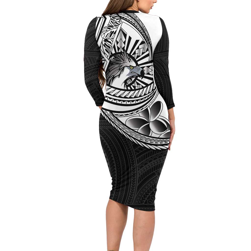 Philippines Eagle Sun Long Sleeve Bodycon Dress Filipino Agila Polynesian Tattoo Black Color