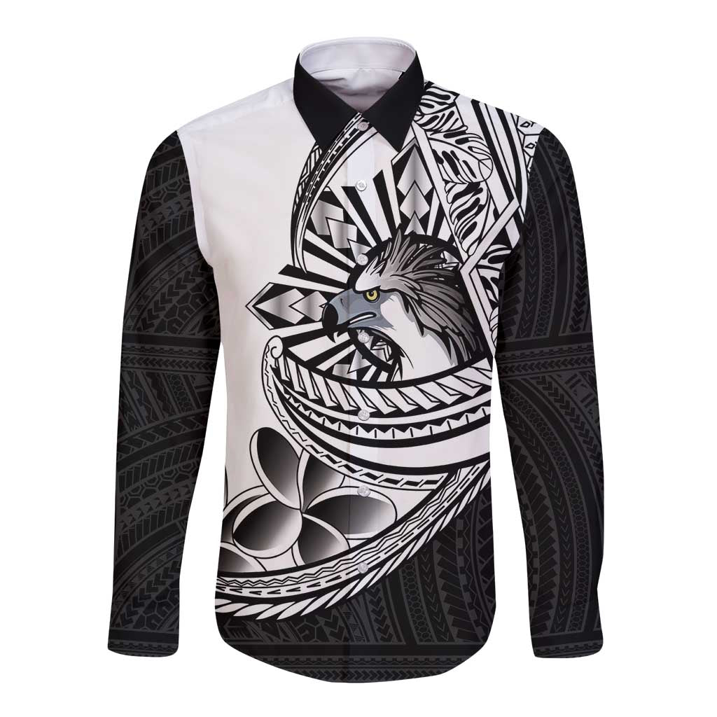 Philippines Eagle Sun Long Sleeve Button Shirt Filipino Agila Polynesian Tattoo Black Color