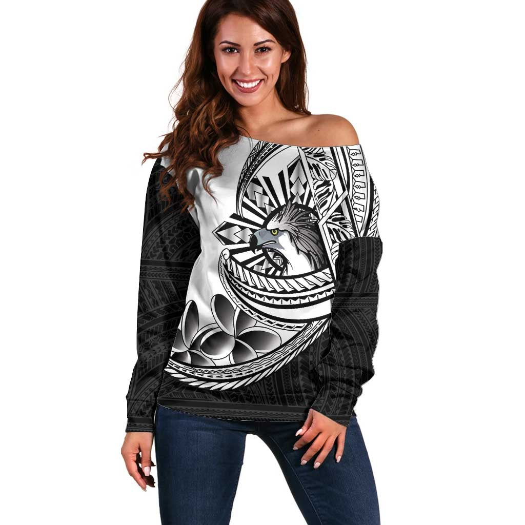 Philippines Eagle Sun Off Shoulder Sweater Filipino Agila Polynesian Tattoo Black Color