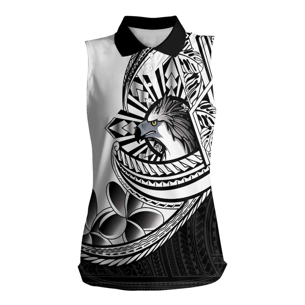 Philippines Eagle Sun Women Sleeveless Polo Shirt Filipino Agila Polynesian Tattoo Black Color