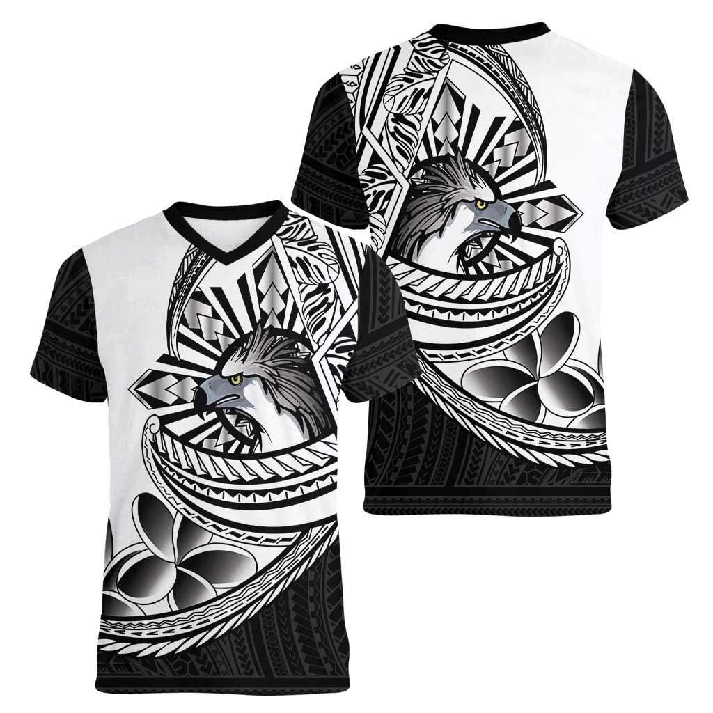 Philippines Eagle Sun Women V-Neck T-Shirt Filipino Agila Polynesian Tattoo Black Color
