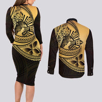 Philippines Eagle Sun Couples Matching Long Sleeve Bodycon Dress and Long Sleeve Button Shirt Filipino Agila Polynesian Tattoo Gold Color