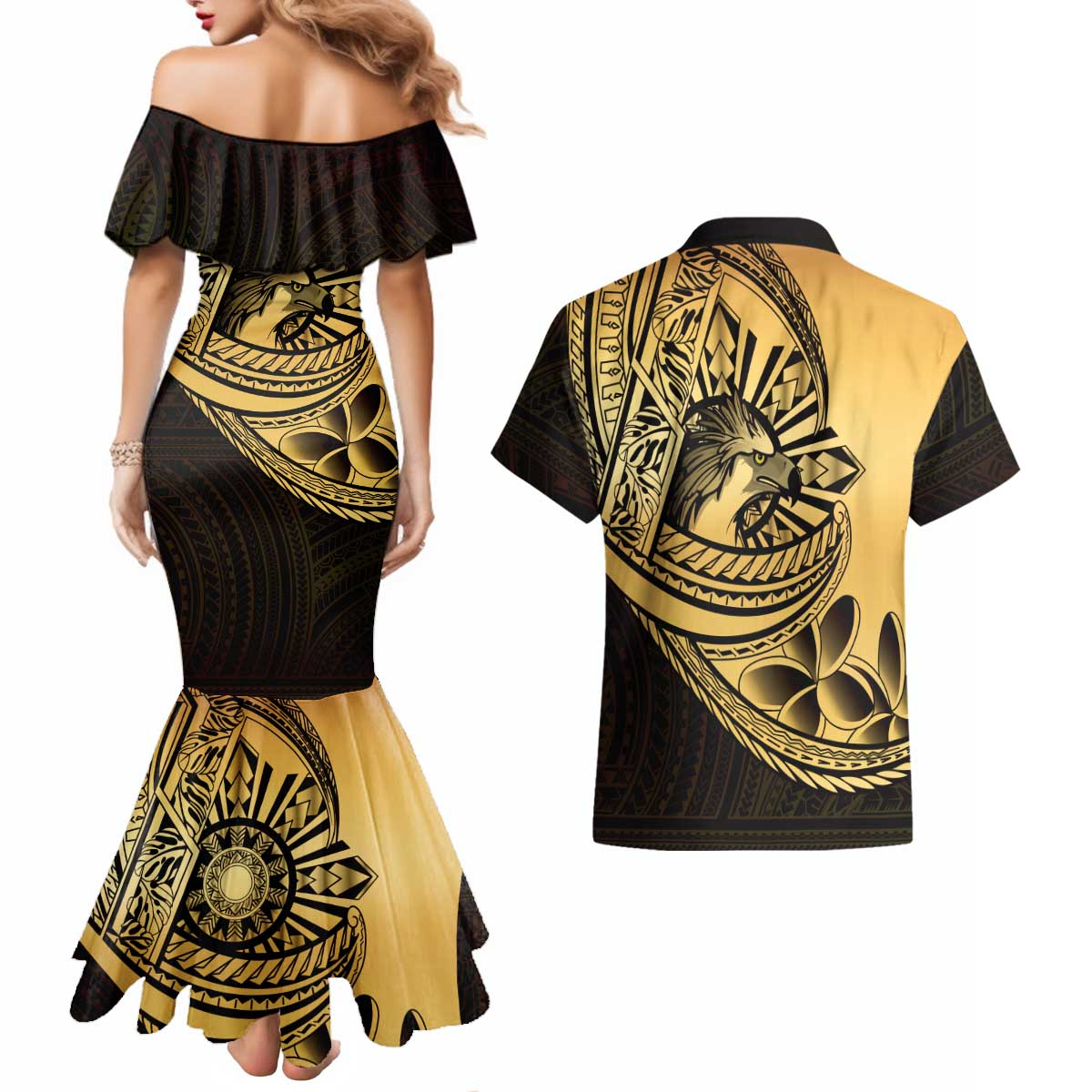 Philippines Eagle Sun Couples Matching Mermaid Dress and Hawaiian Shirt Filipino Agila Polynesian Tattoo Gold Color LT14 - Polynesian Pride