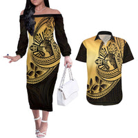 Philippines Eagle Sun Couples Matching Off The Shoulder Long Sleeve Dress and Hawaiian Shirt Filipino Agila Polynesian Tattoo Gold Color LT14 Gold - Polynesian Pride
