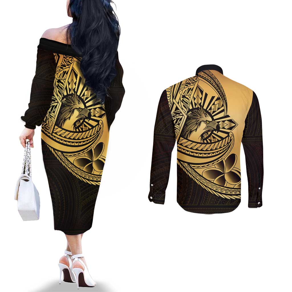 Philippines Eagle Sun Couples Matching Off The Shoulder Long Sleeve Dress and Long Sleeve Button Shirt Filipino Agila Polynesian Tattoo Gold Color