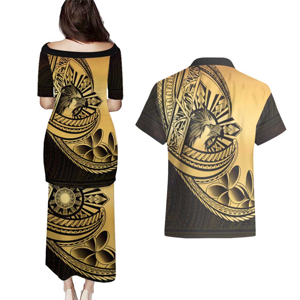 Philippines Eagle Sun Couples Matching Puletasi and Hawaiian Shirt Filipino Agila Polynesian Tattoo Gold Color