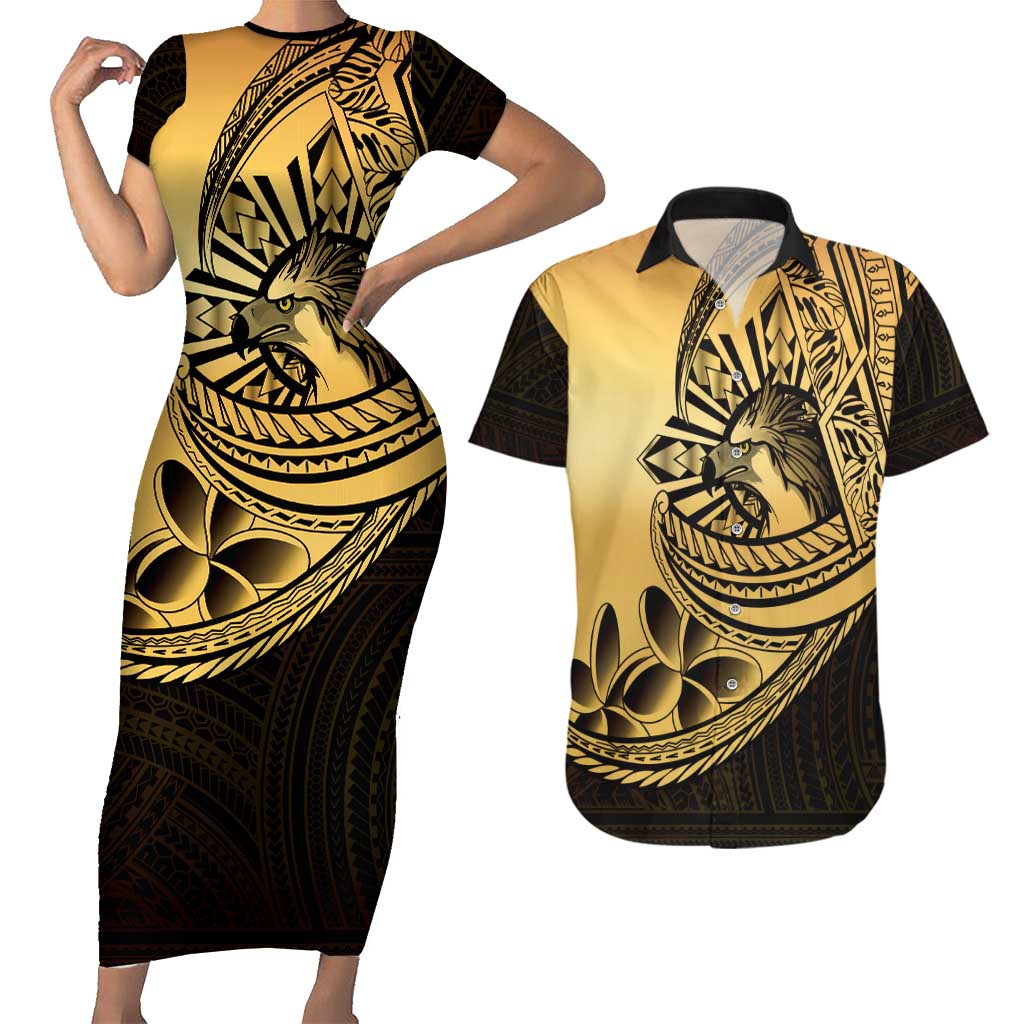 Philippines Eagle Sun Couples Matching Short Sleeve Bodycon Dress and Hawaiian Shirt Filipino Agila Polynesian Tattoo Gold Color LT14 Gold - Polynesian Pride