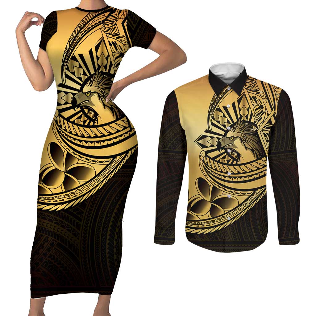 Philippines Eagle Sun Couples Matching Short Sleeve Bodycon Dress and Long Sleeve Button Shirt Filipino Agila Polynesian Tattoo Gold Color