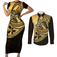 Philippines Eagle Sun Couples Matching Short Sleeve Bodycon Dress and Long Sleeve Button Shirt Filipino Agila Polynesian Tattoo Gold Color